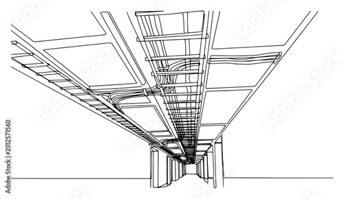 Foto Perspective view of ceiling cable trays and electrical conduit system in line ar