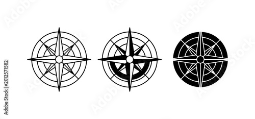 Valokuva Set of three compass rose icons, navigational direction symbols, wind rose graph