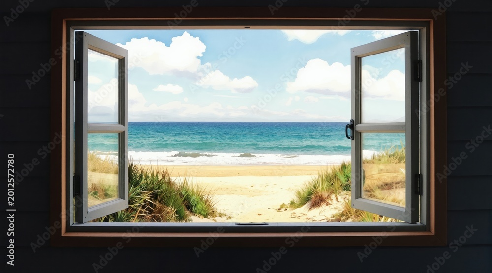 Fototapeta premium View from open window of beach hut to sandy shore and blue ocean waves. Coastal grasses grow on dunes under bright sky with clouds. Peaceful seascape offers tranquil escape.