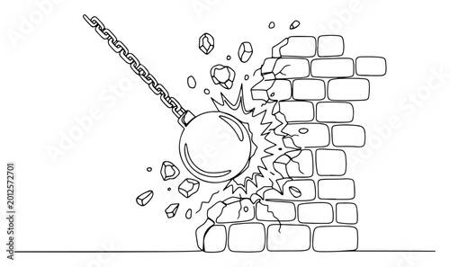 Wrecking ball on a chain destroying a brick wall in a dynamic line art illustration