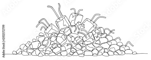 Pile of construction rubble and concrete debris with rebar in minimalist continuous line art