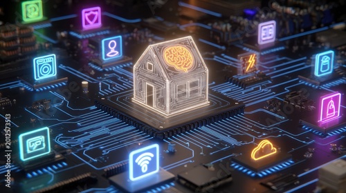 Smart home circuitry with glowing icons represents interconnected technology and data