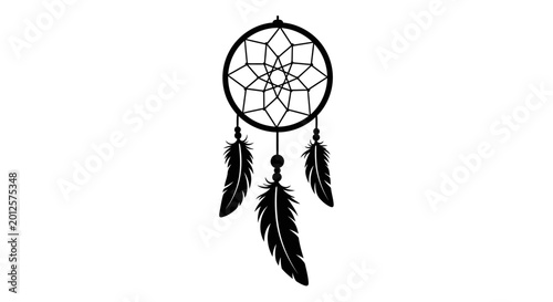 Tableau sur toile Dream catcher silhouette with feathers black on white background