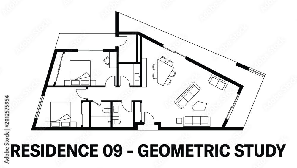 Naklejka premium Geometric study residence floor plan with angular design and multiple living areas.