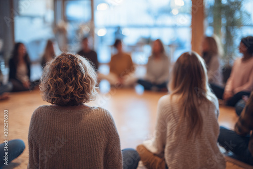 women circle and sisterhood support concept, female participants sitting together in workshop or retreat