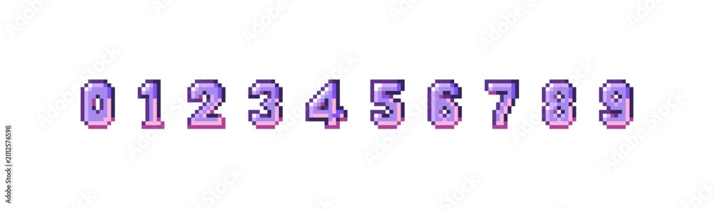 Fototapeta premium Pixel numbers from zero to nine set. Countdown 0, 1, 2, 3, 4, 5, 6, 7, 8, 9 for retro 8bit game. Alphabet figures- one, two, three, four, five, six, seven. Flat isolated vector illustrations on white