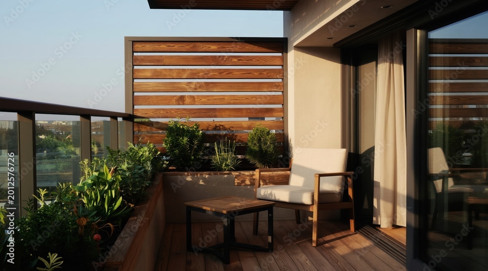 Fototapeta premium Modern balcony with modern furniture and small herb garden. Wooden screens provide privacy. Ideal for outdoor relaxation and morning coffee.