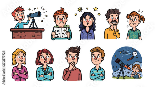 Photos Emotions of Astronomical Discovery: A collection of diverse individuals, each reacting with unique emotions, from wonder to confusion, as they engage with the night sky and astronomical observations