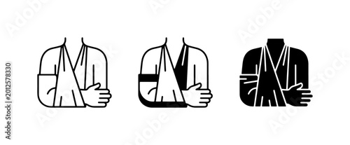 Arm Sling Icon Set, Medical Injury Support, Broken Bone Healthcare, Trauma Care Graphics, Rehabilitation Aid, Silhouette Vector Illustrations