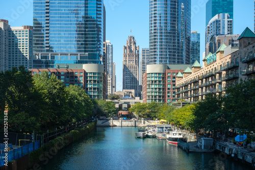 The skyline and bridge scenery of the tall buildings in the canal city of Chicago, USA