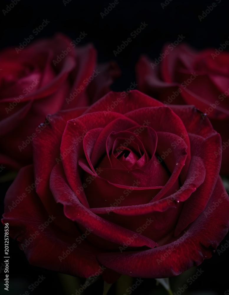 Naklejka premium Deep Crimson Rose Macro on Black Background