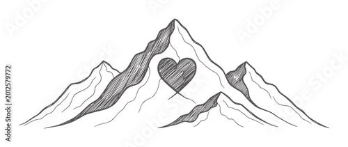 Canvas Print Black and white of mountain peaks with a heart shape in the center love monochro