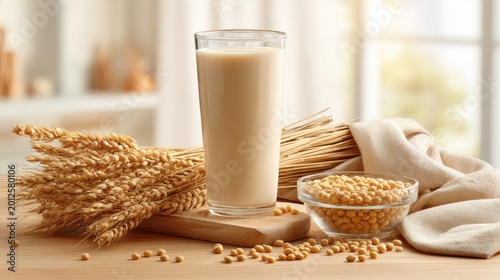 Tall glass of creamy plant-based milk with wheat stalks and soybeans
