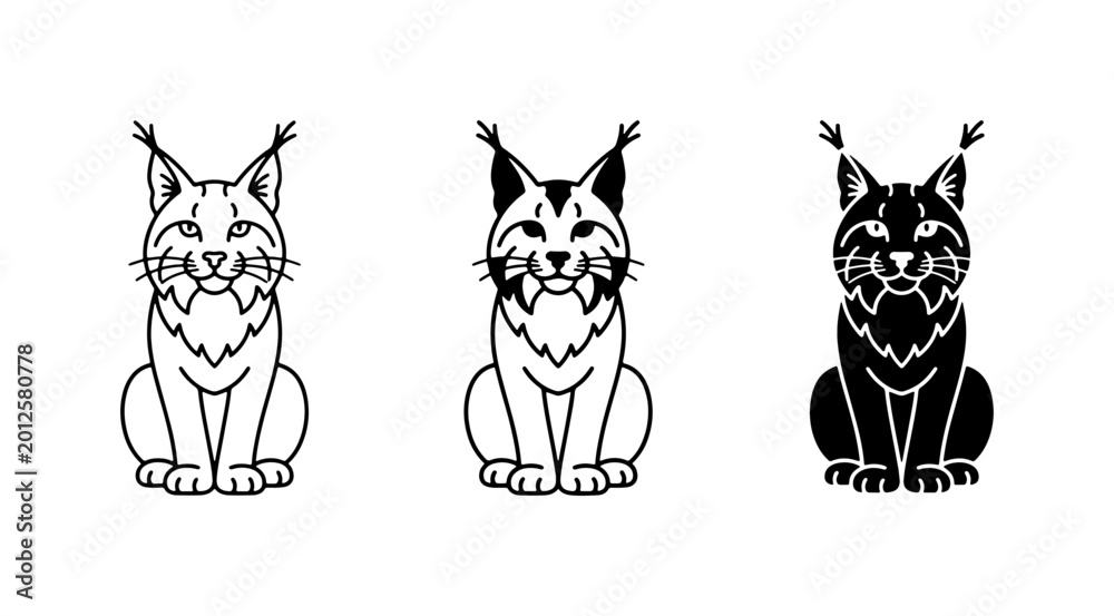 Fototapeta premium Lynx Icons Set, Wild Cat Vector Illustrations, Feline Wildlife Graphics, Cute and Fierce Animal Art, Black and White Line Drawings