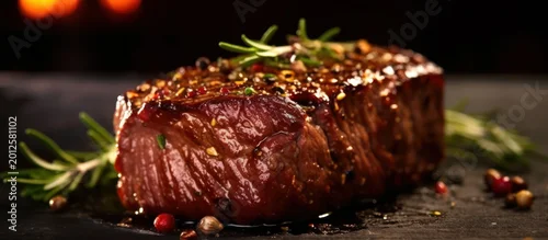 Obraz  z motywem Experience the ultimate indulgence with a perfectly seasoned, fire-seared gourmet steak.