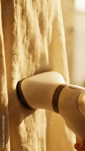 Person steaming white linen garment with handheld portable steamer