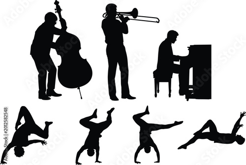 Bild auf Leinwand Silhouettes of a Jazz Trio Band Performing with Breakdancers and Acrobatic Dance