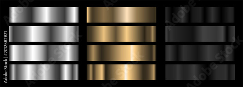 A set of silver, gold and black metallic gradients. Vector collection of metal gradients for chrome button, ribbon, brass metal frame border, label design.