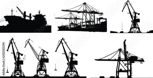 Obraz na płótnie Industrial Silhouette Collection of Cargo Ships Port Cranes and Maritime Logisti
