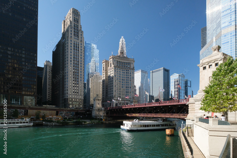 Obraz premium The skyline of tall buildings in the canal city of Chicago, USA