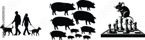 Quadro em tela Silhouette Collection of People Walking Dogs Pig Farm Animals and a Mouse Playin