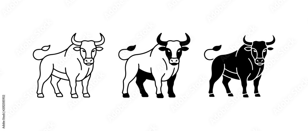 Fototapeta premium Bull Icons Set, Livestock Vector Graphics, Taurus Symbol, Powerful Animal Illustrations, Black and White Bull Designs