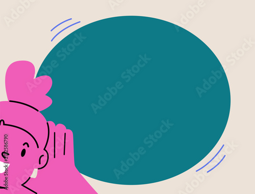 Girl holds her hand near her ear and listening. Colorful vector illustration