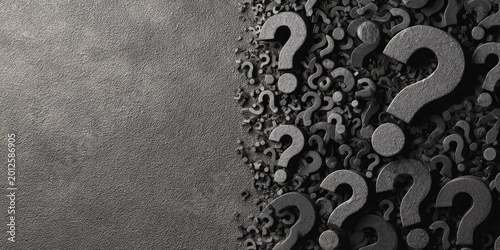 A textured gray background meets a dense cluster of question marks