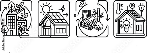 Photos Eco friendly home, sustainable living icons, green energy, renewable resources