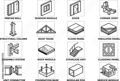 Canvas Print Modular building components, construction icons, architecture elements, prefabri