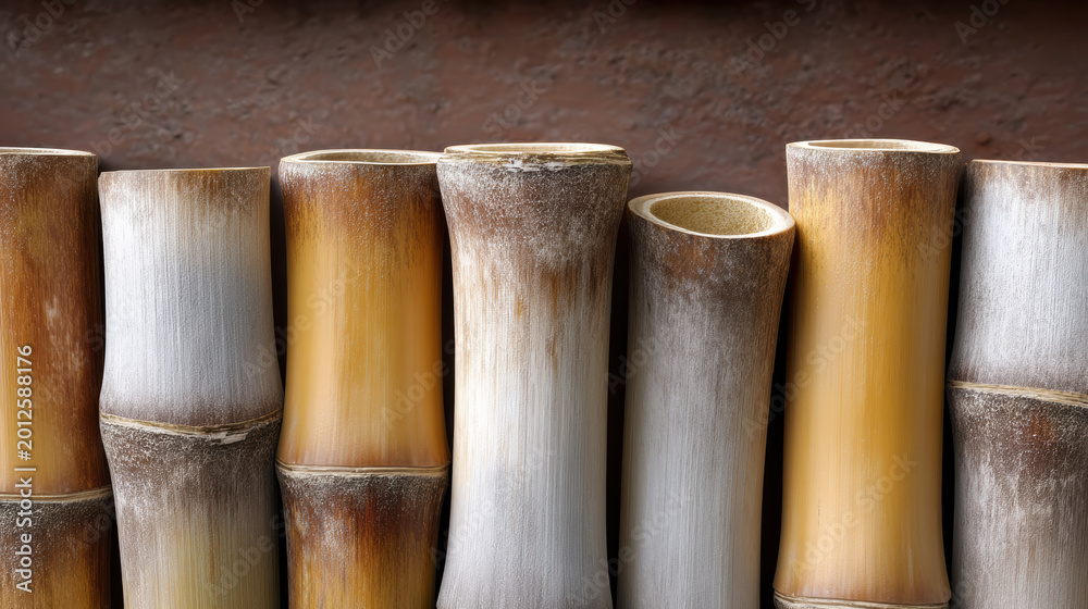 Fototapeta premium Bamboo stalk natural texture cylindrical shape brown yellow rustic organic vertical closeup smooth surface traditional decor