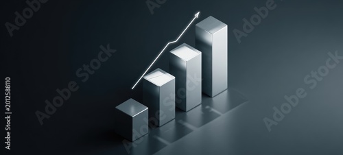 3D silver bars chart rising with an arrow on a dark background