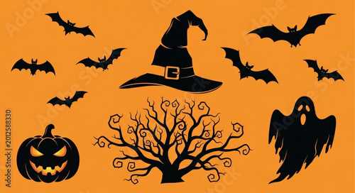 Foto Black Halloween icons on orange.