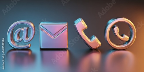 Shiny metal contact icons for email, mail, phone, and a messaging app
