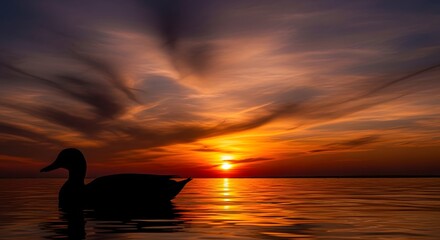 Silhouette of a duck on a serene lake during a breathtaking sunset with vibrant orange and purple hues in the sky