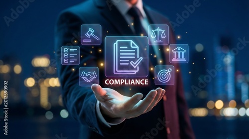 Corporate professional presenting digital compliance shield icon surrounded by law and justice symbols for regulatory standards and business ethics on blurred city background at night
