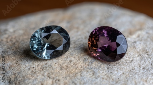 Two gemstones, one blue and one purple, resting on a textured stone surface. The gems are cut in an oval shape, showcasing their brilliance and clarity.