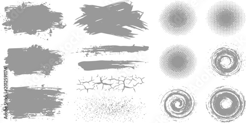 Konstfotografi Grungy Texture Elements: An assortment of textured elements, including brush strokes, splatters, and circles, offering a range of creative design assets
