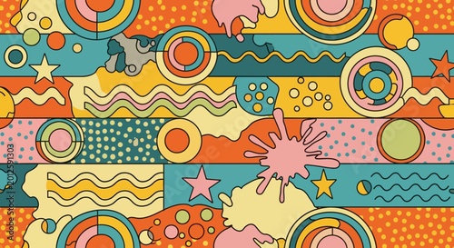 Retro Psychedelic Pattern: Geometric Shapes, Swirls, Stars, and Splashes