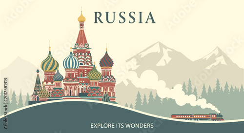 Russia travel poster with St. Basil's Cathedral and Trans-Siberian Railway