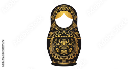 Russian Matryoshka Doll Black Gold Ornate Floral Design Isolated