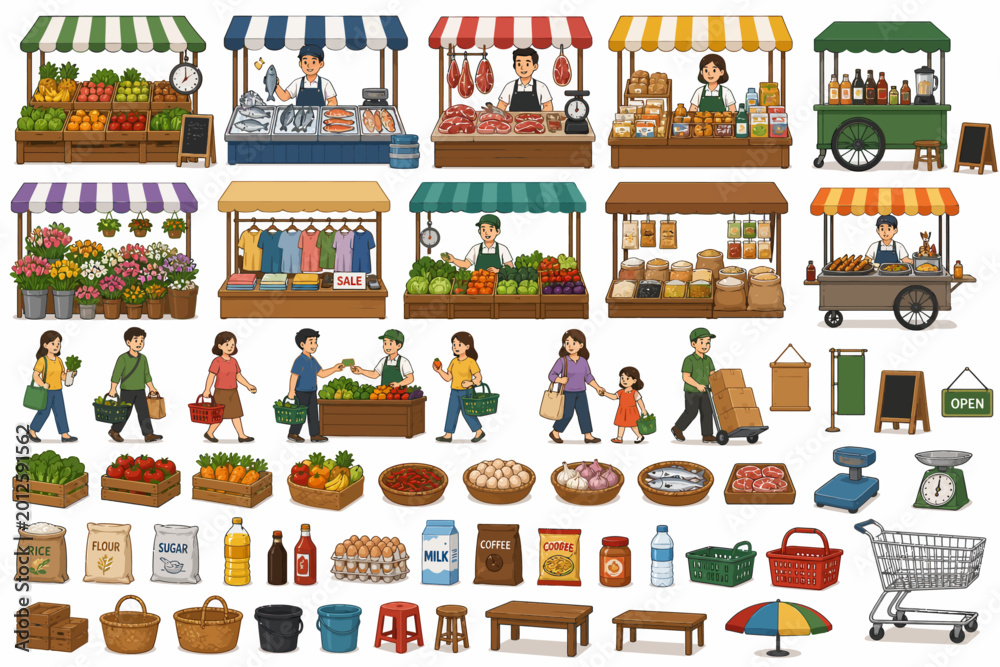 Naklejka premium Marketplace scene with various stalls and goods, vibrant illustration