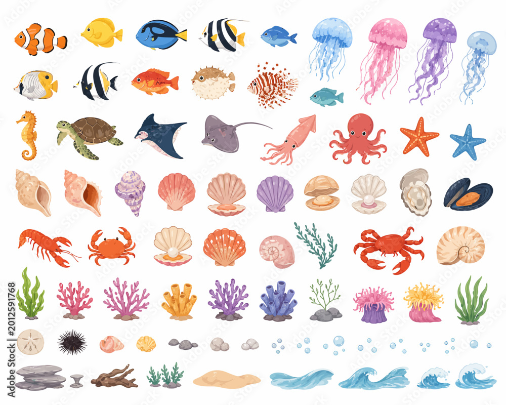 Obraz premium Underwater Ocean Life And Aquatic Creatures Vector Collection