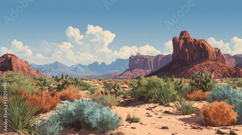 Vast desert landscape with red rock formations, arid scrub, and distant blue mountains