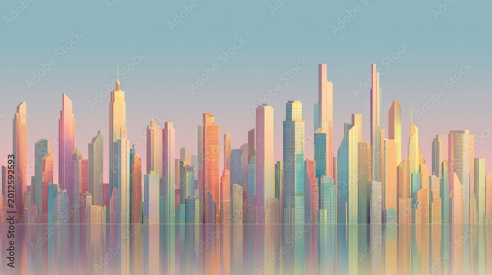 Fototapeta premium Pastel-hued cityscape reflected on calm water at twilight
