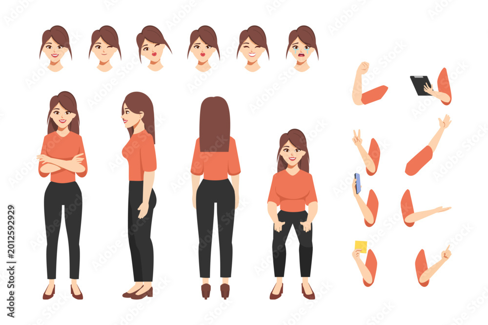 Obraz premium Woman character constructor for different poses. Set of various women's faces. Illustration vector isolated on white background.