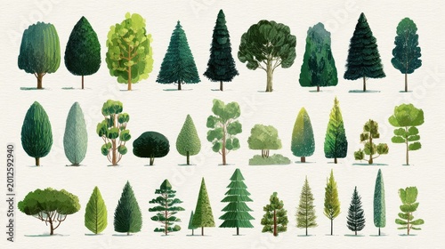 Collection of diverse stylized trees, varying shapes and shades