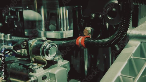 Close-up of vintage mechanical engine components and metal details