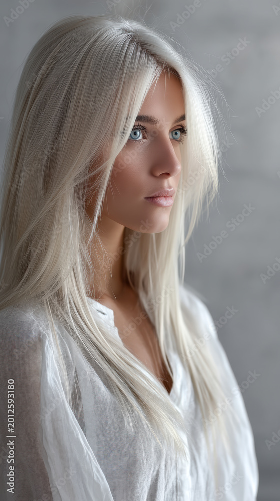 Fototapeta premium Woman long hair platinum blonde blue eye white shirt natural makeup soft light portrait serene beauty fashion model young adult female fair skin