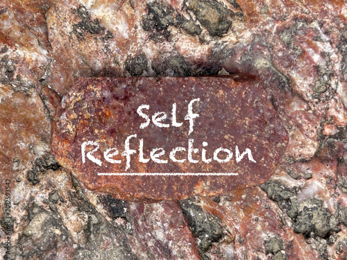 Self reflection motivational concept written on stone in nature background, symbolizing mindfulness, growth, and personal awareness.